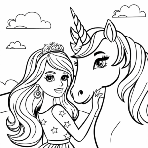Disegno di Barbie e unicorno da colorare