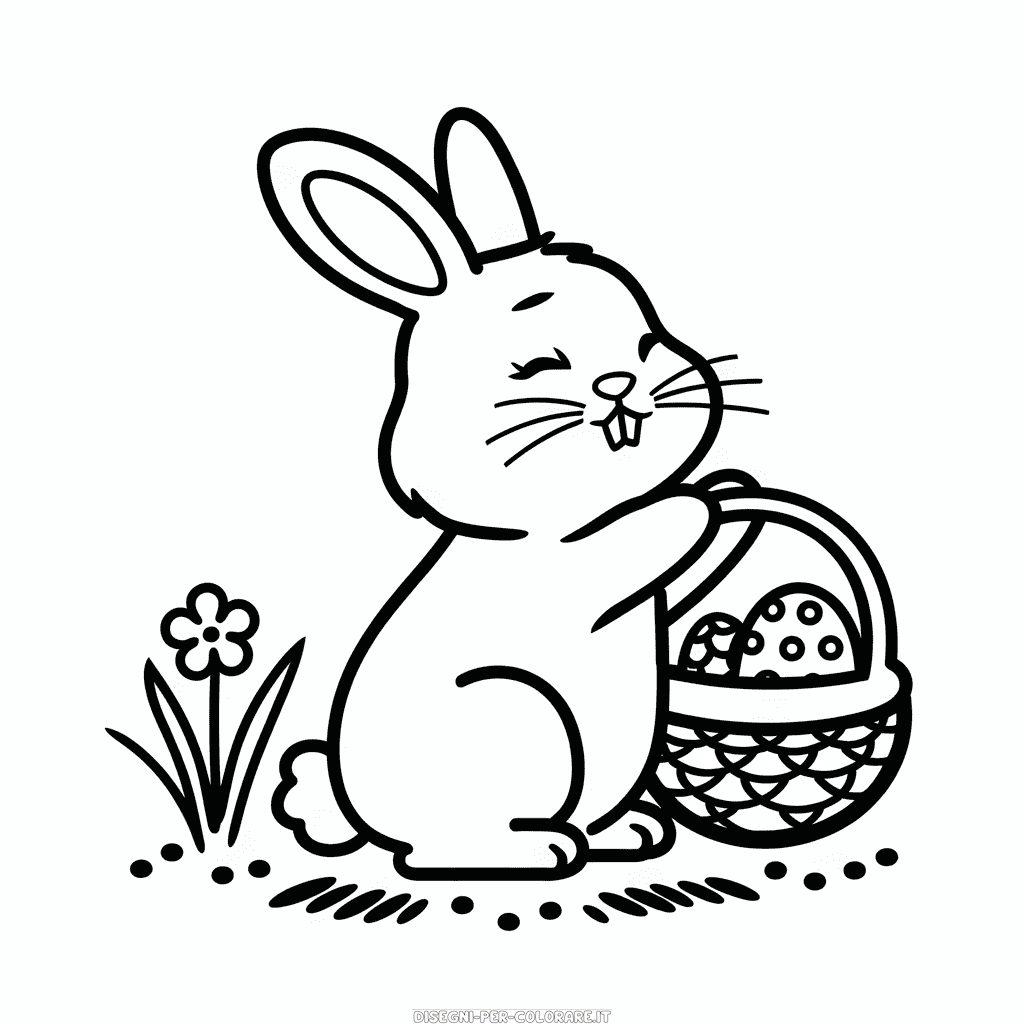 Disegno di Coniglietto di Pasqua che raccoglie uova da colorare
