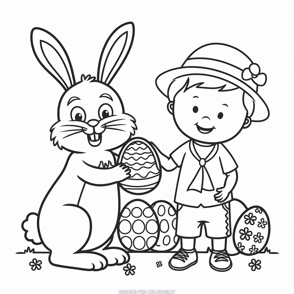 Disegno di Coniglietto di Pasqua e bambino piccolo da colorare
