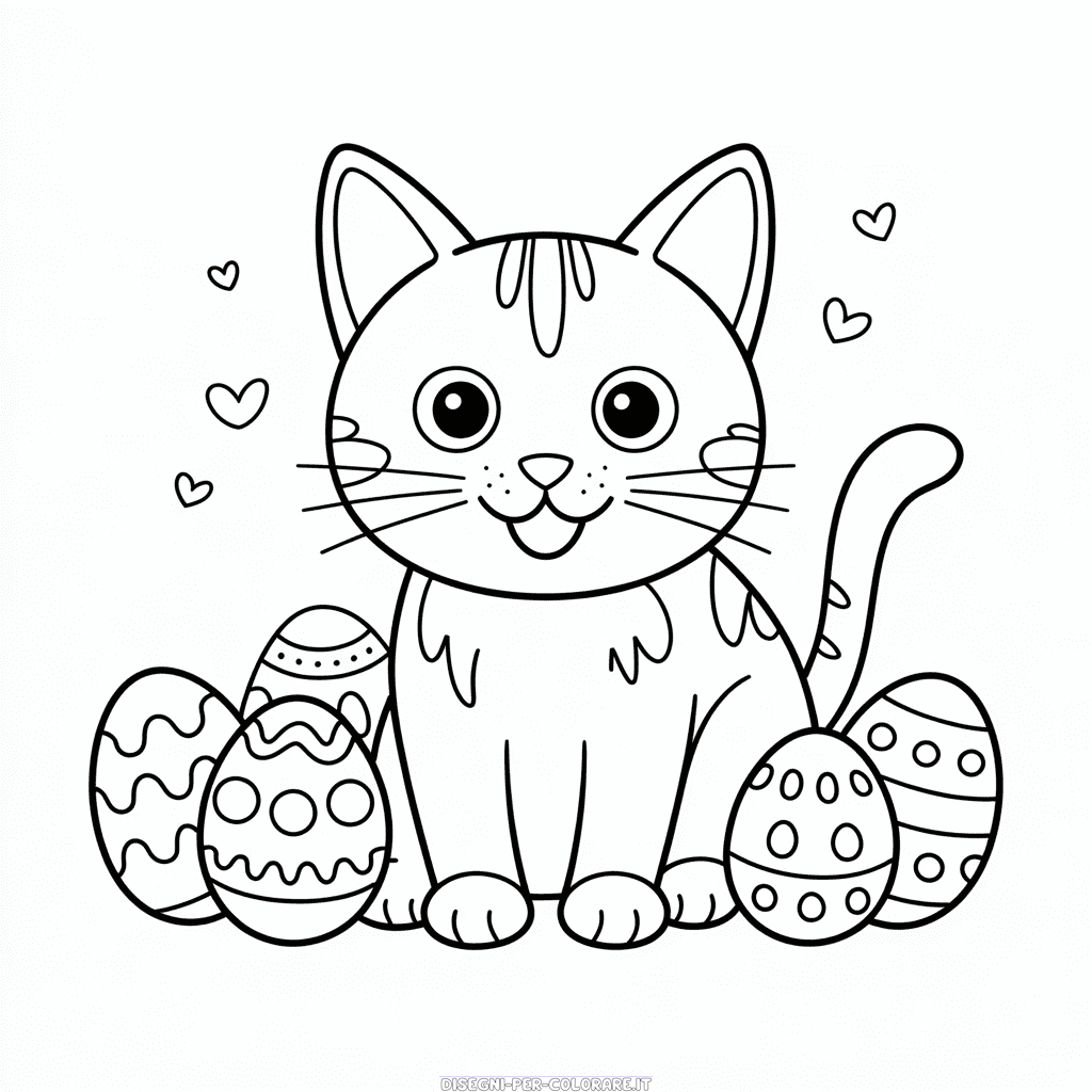 Disegno di Gatto con uova di Pasqua da colorare