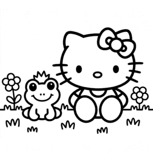 Disegno di Hello Kitty e Frog da Colorare