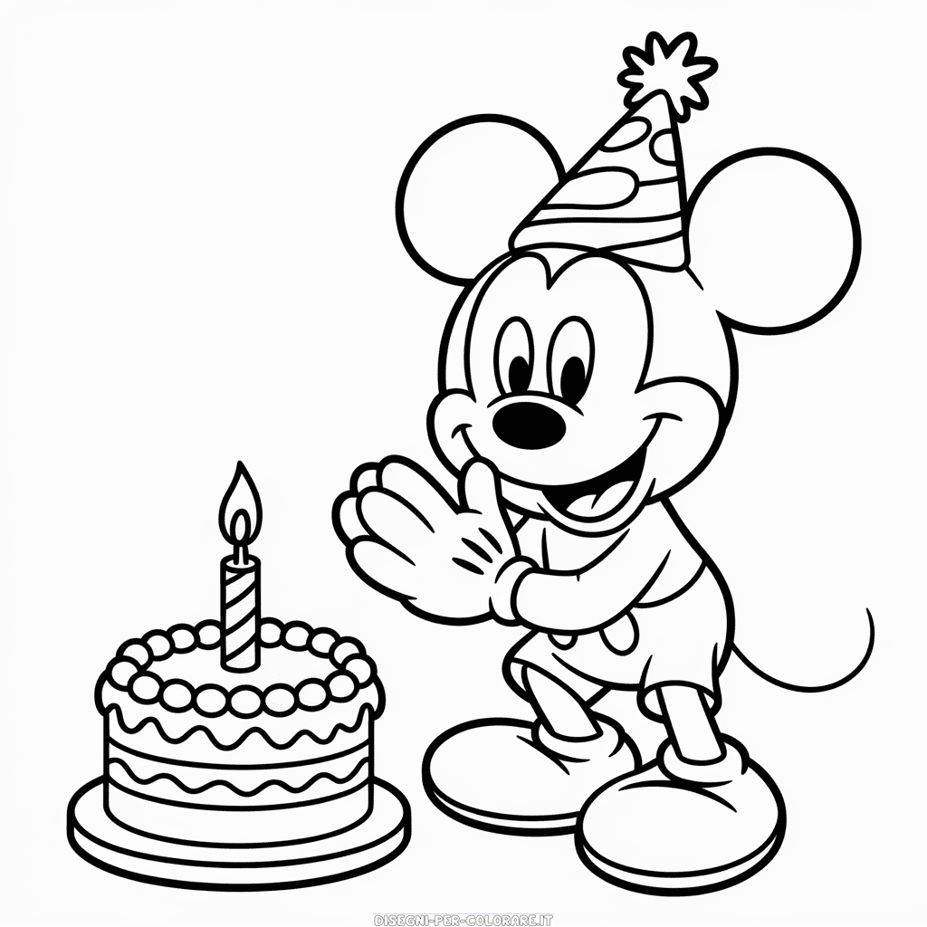 Disegno di Topolino e la Torta di Compleanno da Colorare