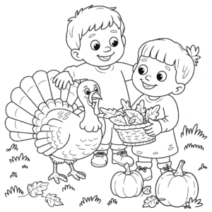 Disegno di Bambini con Tacchino da Colorare