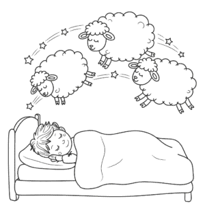 Disegno di Bambino che Conta le Pecore da Colorare