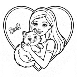Disegno di Barbie con Gatto da Colorare
