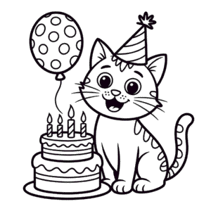 Disegno di Compleanno del Gatto da Colorare