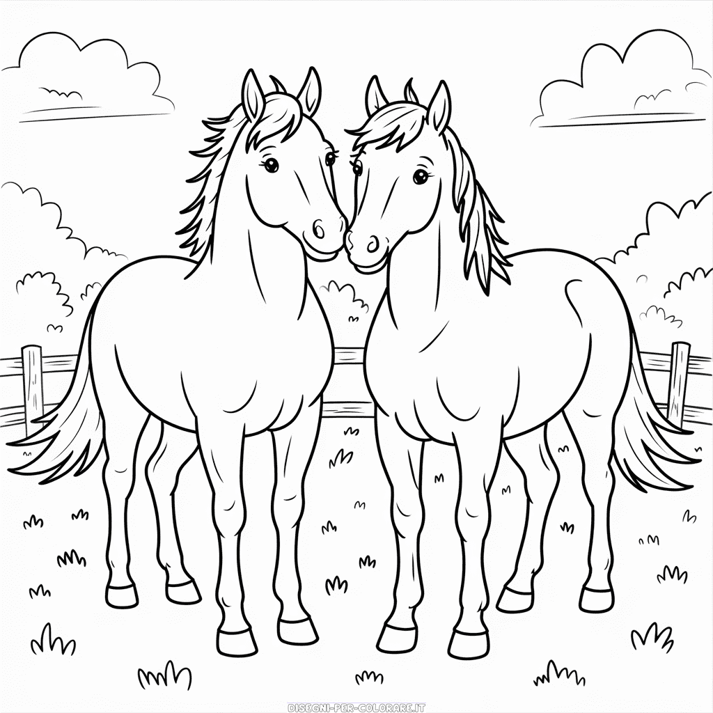 Disegno di Due Cavalli Uno Accanto all'Altro da Colorare