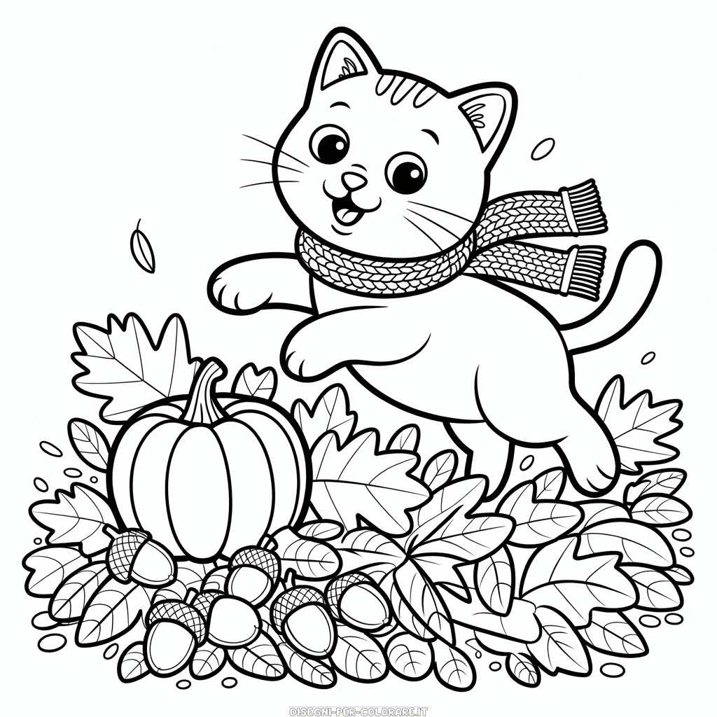 Disegno di Gatto in Autunno da Colorare