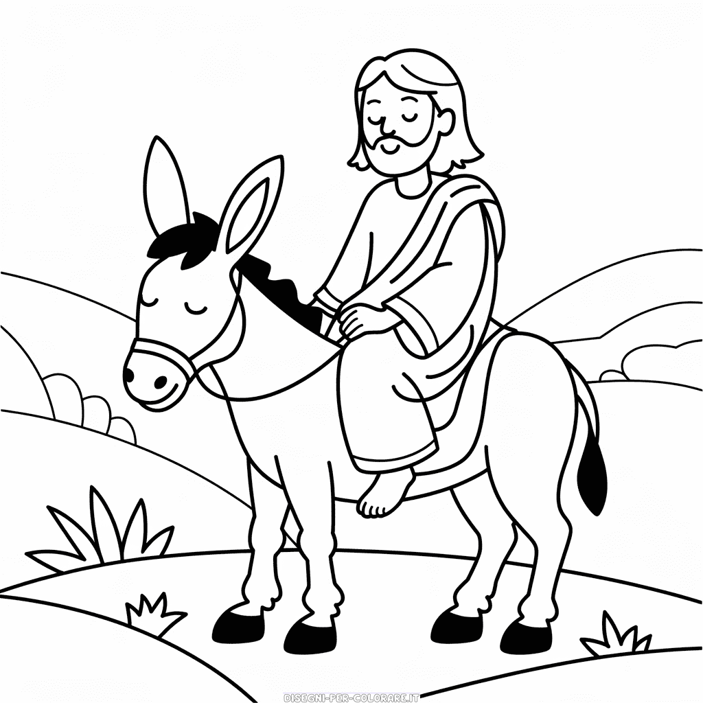 Disegno di Gesù Cavalca un Asino da Colorare
