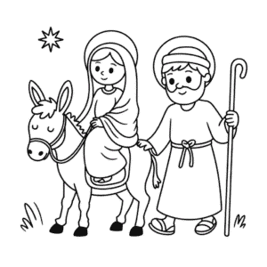 Disegno di Maria e Giuseppe con l'asino da Colorare