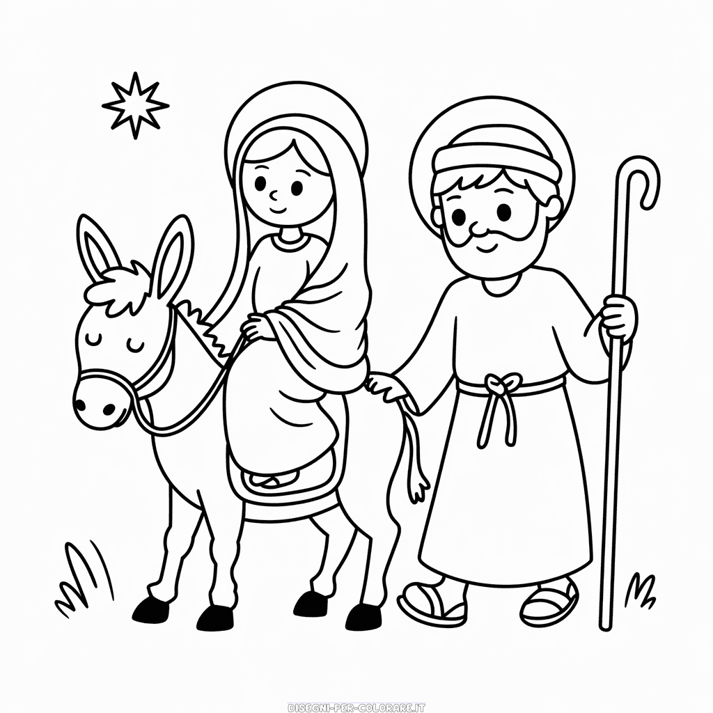 Disegno di Maria e Giuseppe con l'asino da Colorare