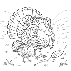 Disegno di Tacchino adulto e tacchino piccolo da Colorare