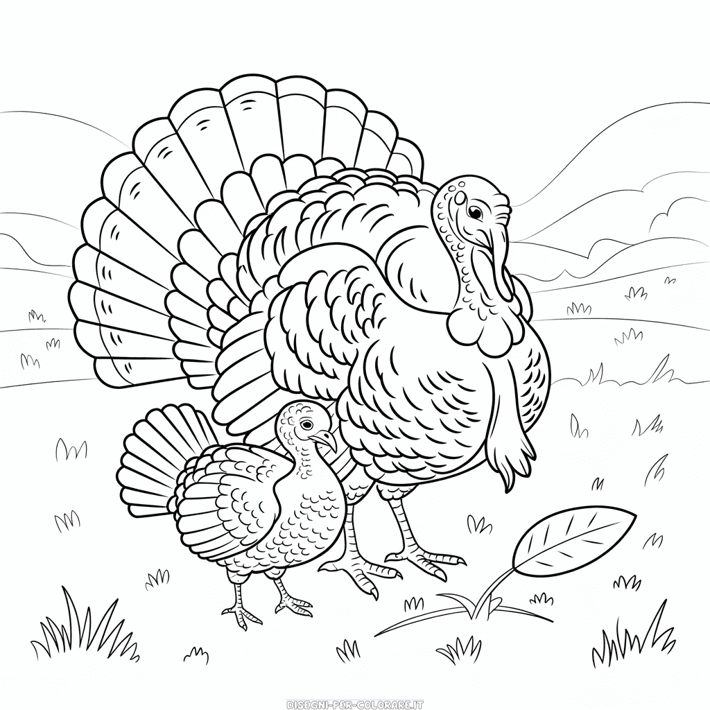 Disegno di Tacchino adulto e tacchino piccolo da Colorare