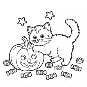 Disegno di Gatto e Zucca di Halloween da Colorare