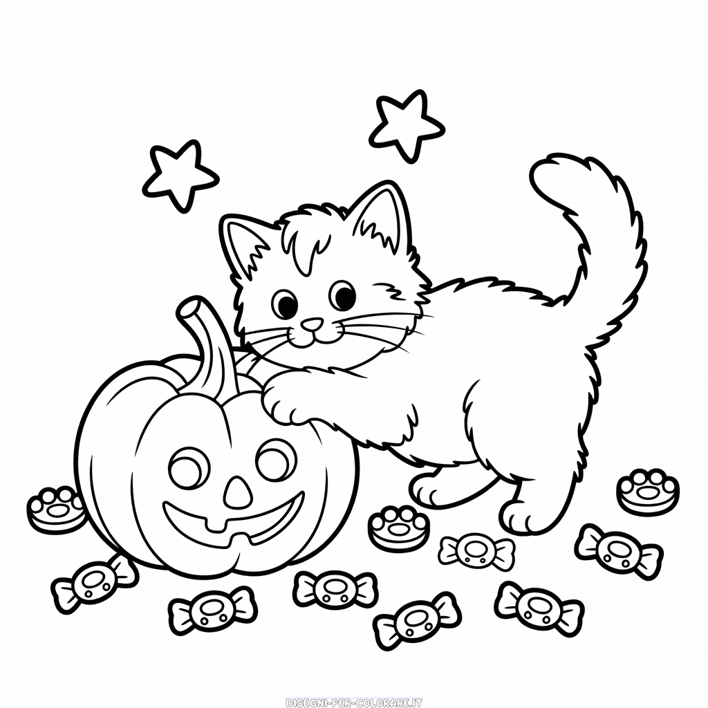 Disegno di Gatto e Zucca di Halloween da Colorare