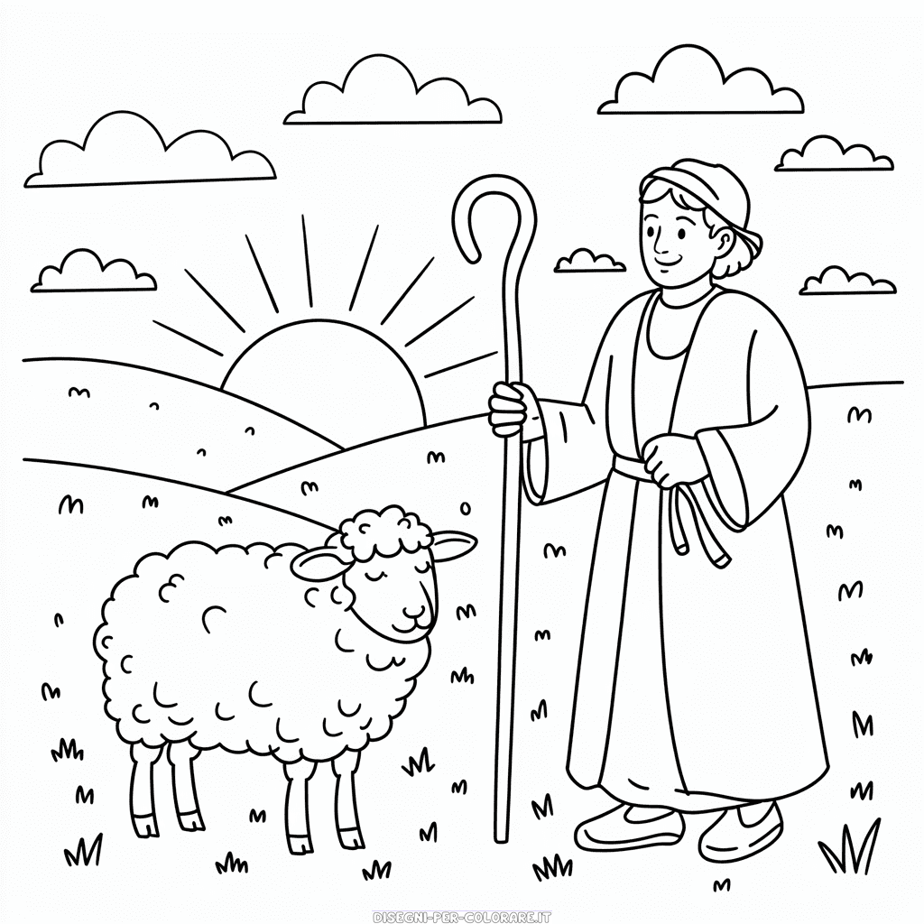 Disegno di Pecora Adulta e Pastore da Colorare