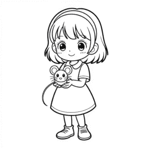 Disegno di Ragazza Anime che Tiene il Mouse da Colorare