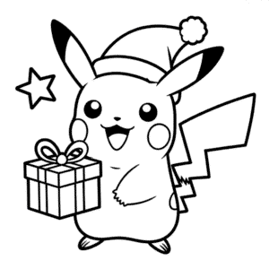 Disegno di Pikachu con il Cappello di Babbo Natale da Colorare